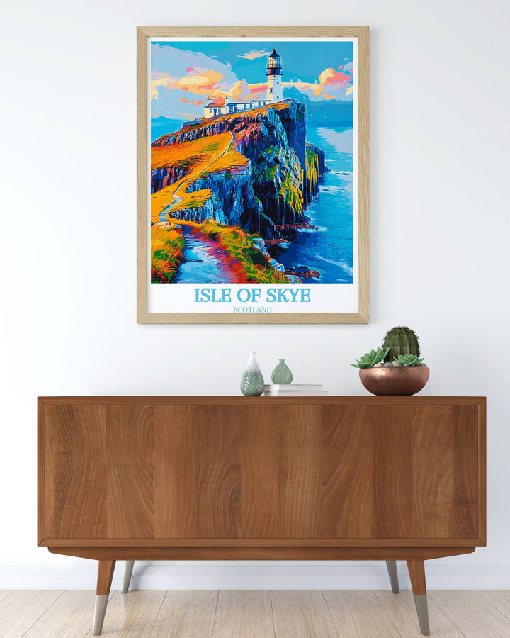 A detailed vintage-style Isle of Skye poster of Neist Point Lighthouse, evoking nostalgia and adventure, perfect for vintage art enthusiasts.