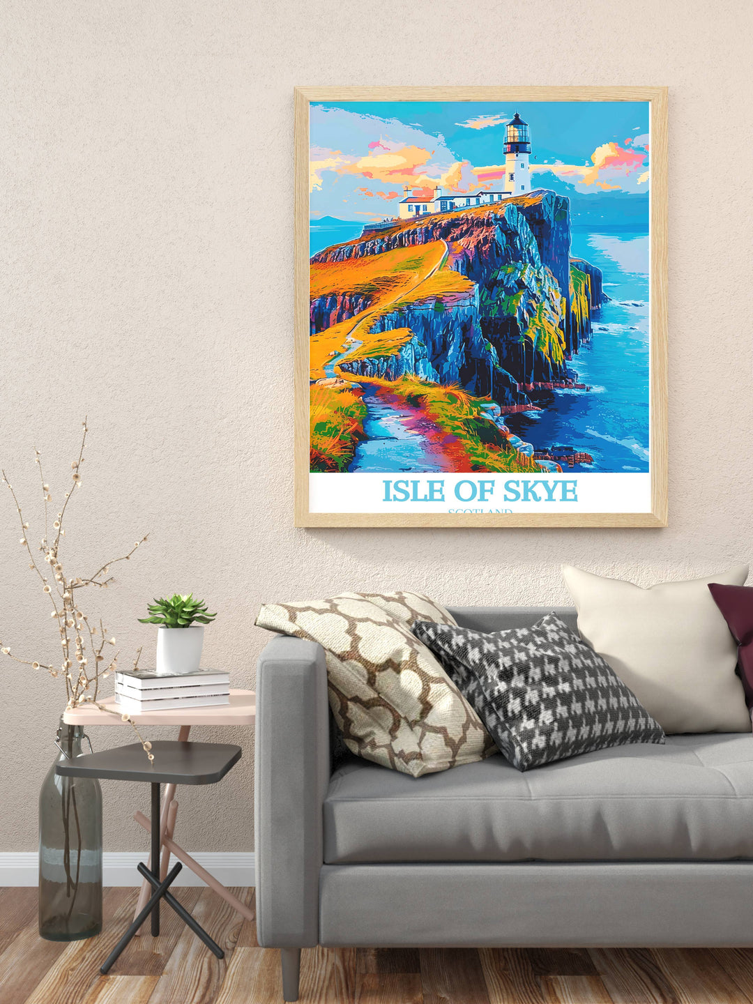 A vibrant artwork of Neist Point Lighthouse under a colorful sunset sky, bringing warmth and energy to your living space.