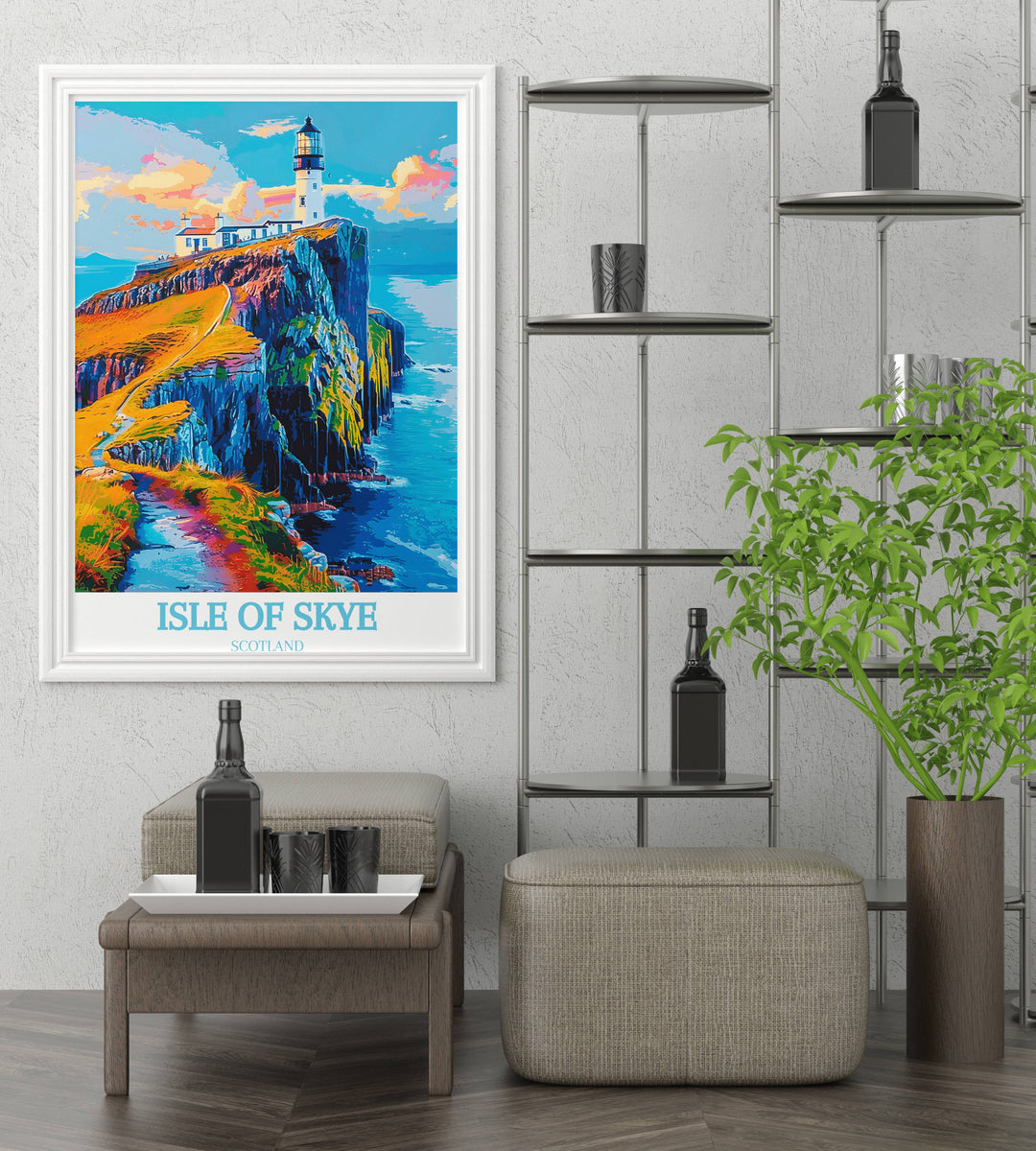 A serene Neist Point art print capturing the lighthouse against a misty morning sky, creating a sense of calm and tranquility in any room.