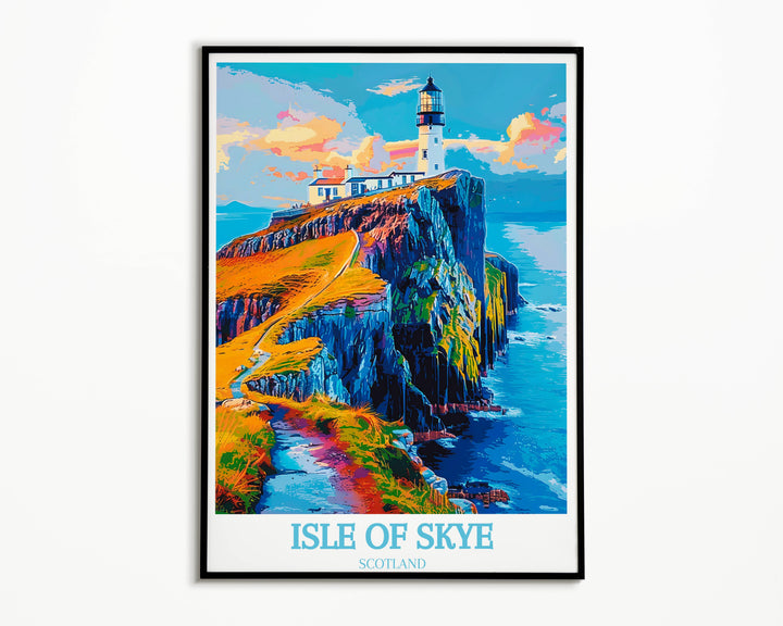 An evocative photograph of Neist Point Lighthouse surrounded by crashing waves, ideal for adding a dynamic coastal element to your home decor.
