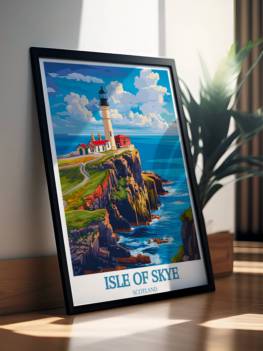 Panoramic Isle of Skye poster showing a sweeping view of the rugged terrain and misty mountains, a captivating wall feature.