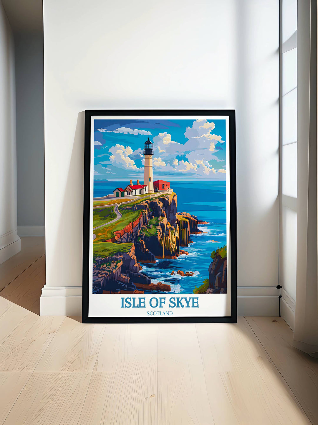 A vivid print of Neist Point Lighthouse on the Isle of Skye showcasing the rugged cliffs and surging waves of Scotland, perfect for wall decor.