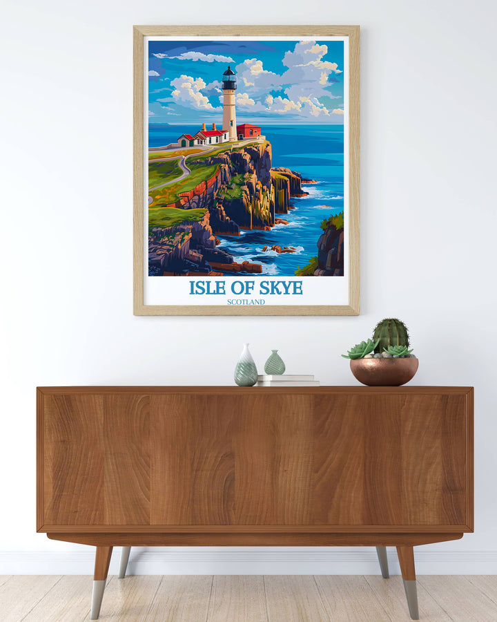 Colorful Isle of Skye print featuring the iconic Scottish highlands and wildlife, great for adding vibrancy to home decor.