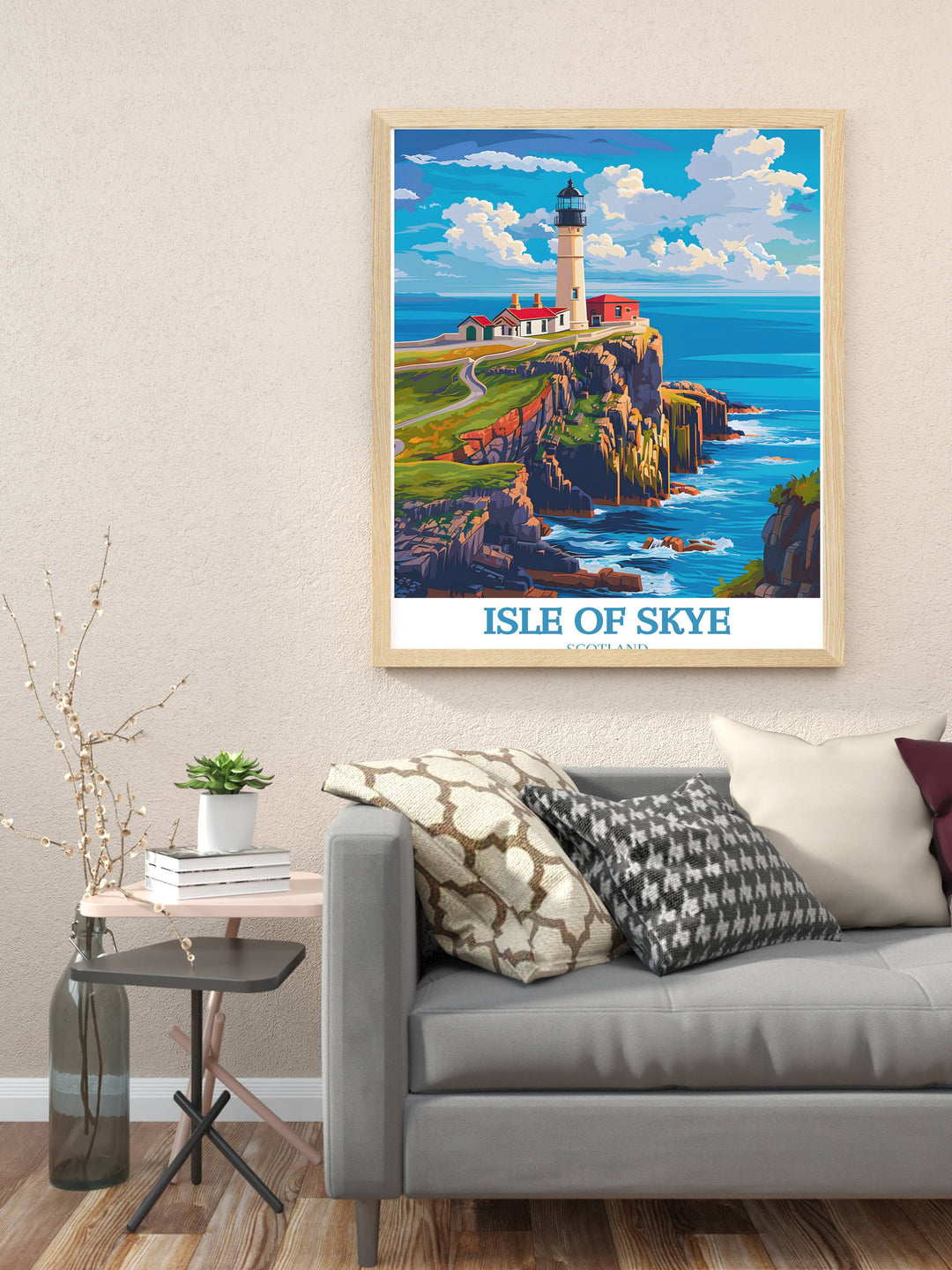 Poster of Isle of Skye at sunset with vivid colors casting over the tranquil sea, perfect for creating a peaceful ambiance.