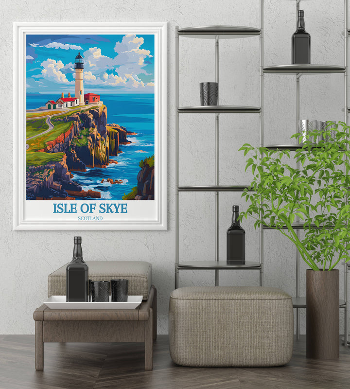 Vintage travel poster of Isle of Skye with retro typography and classic scenic backdrop, suitable for collectors and enthusiasts of Scottish art.