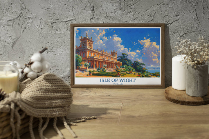 Vibrant illustration of Osborne House in summer, with its facade brightly lit by the sun and gardens in full bloom, ideal for a lively home decor.