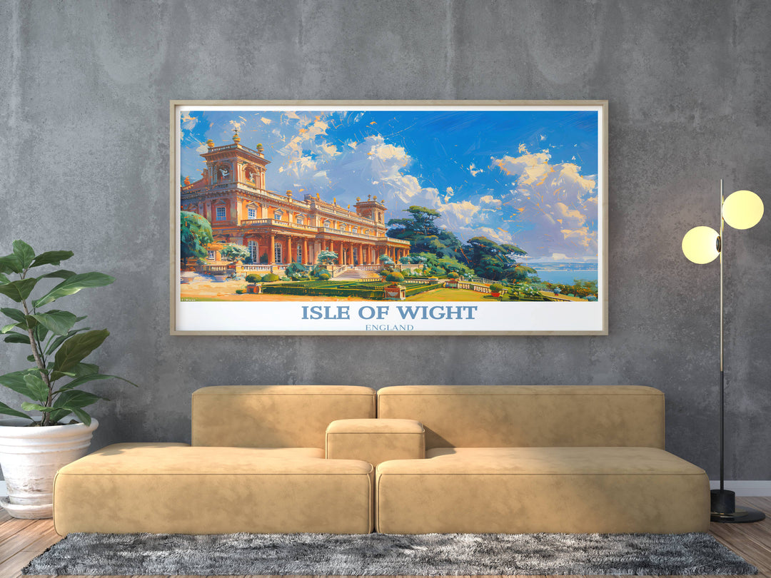 Poster of Osborne House from a unique aerial perspective, capturing the expansive estate and surrounding seascape, great for those who love architectural art.