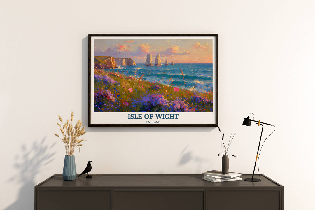 An evocative Isle of Wight art piece depicting the Needles Lighthouse at sunrise, its golden beams illuminating the tranquil waters below, creating a scene of timeless beauty.