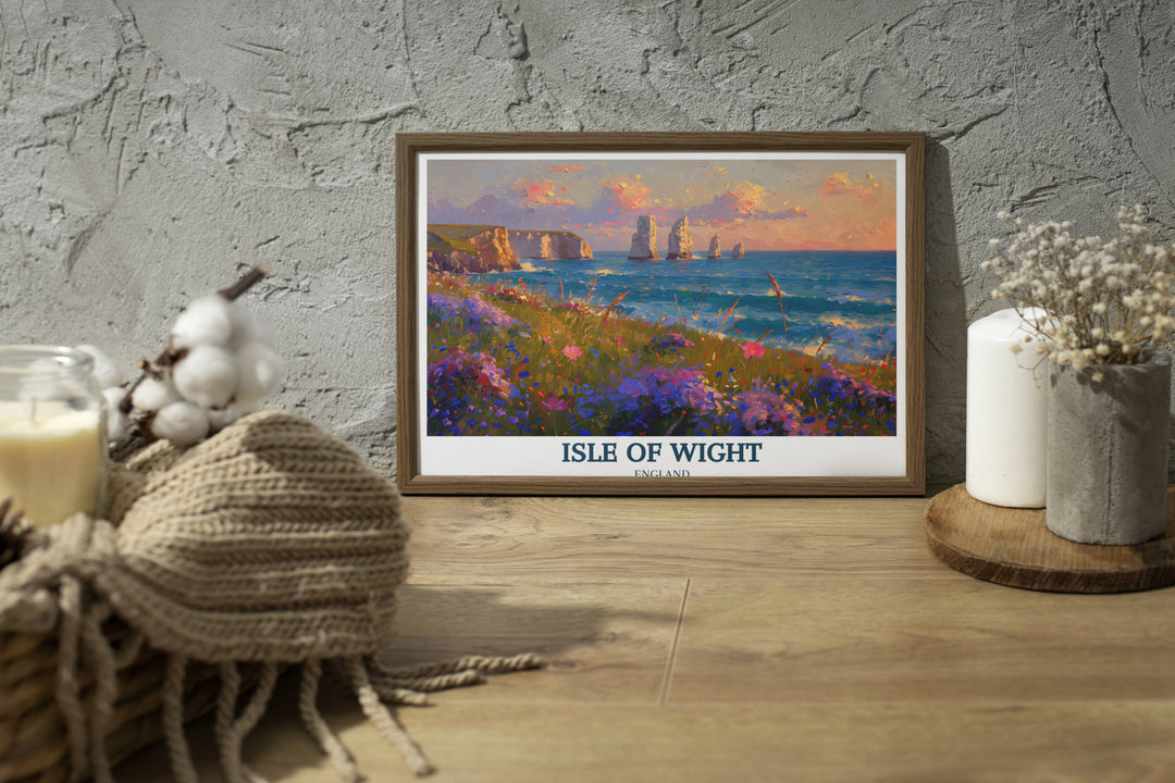 A vibrant Isle of Wight travel poster showcasing the iconic Needles Lighthouse bathed in golden sunlight, framed by lush greenery and a tranquil seascape.