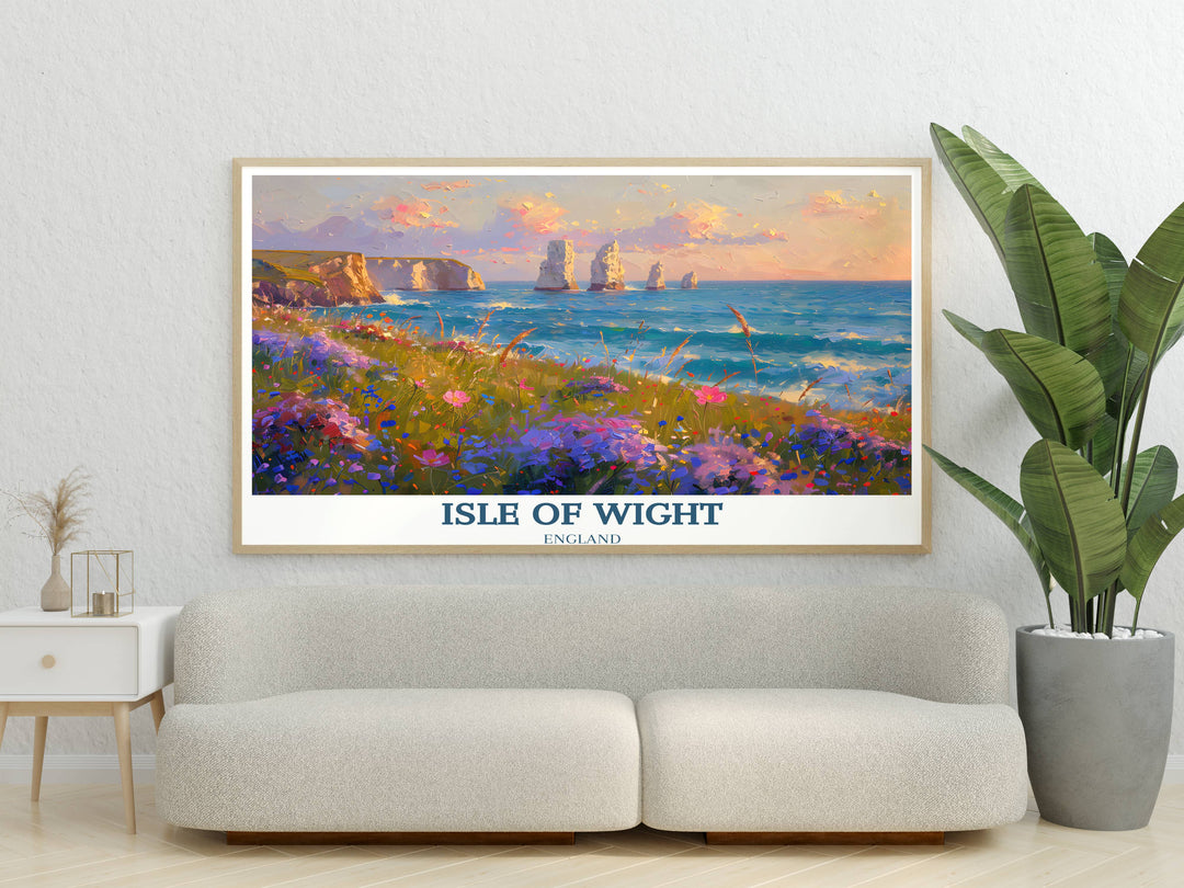 An exquisite Isle of Wight art print capturing the timeless charm of the Needles Lighthouse, its crimson hue contrasting beautifully against the azure ocean and dramatic cliffs.
