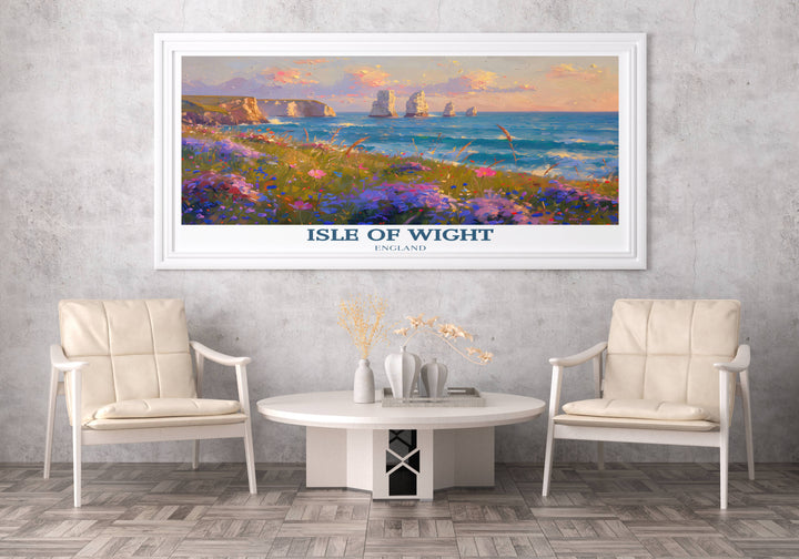 A stunning Isle of Wight wall art piece depicting the legendary Needles Lighthouse standing tall amidst swirling ocean waves, a beacon of hope and guidance for sailors.