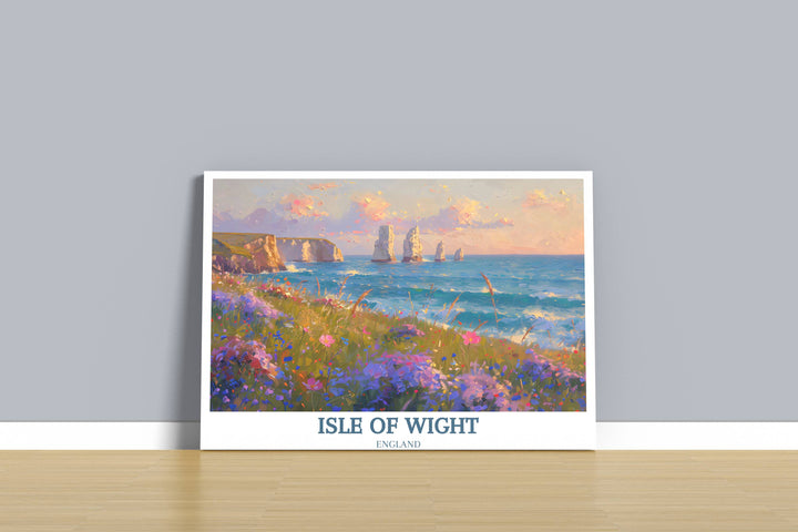 A captivating Isle of Wight décor print featuring the Needles Lighthouse at dusk, its silhouette silhouetted against a fiery sky ablaze with hues of orange and pink.