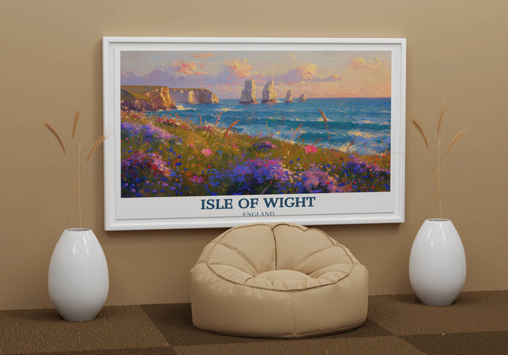 An enchanting Isle of Wight poster showcasing the Needles Lighthouse in a moonlit setting, its beams cutting through the darkness, casting an ethereal glow over the sea.