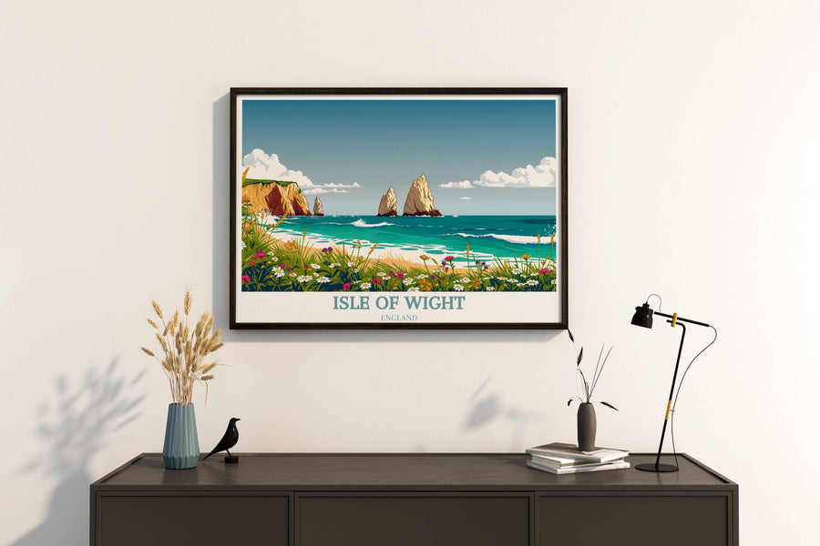 A sophisticated Isle of Wight decor piece, presenting a detailed illustration of the famous lighthouse amid rough seas, reflecting the endurance of this historical landmark.A sophisticated Isle of Wight decor piece, presenting a detailed illustration of the famous lighthouse amid rough seas, reflecting the endurance of this historical landmark.