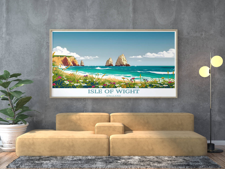 Framed coastal travel print with lighthouse scene, ocean waves, and rocky cliffs