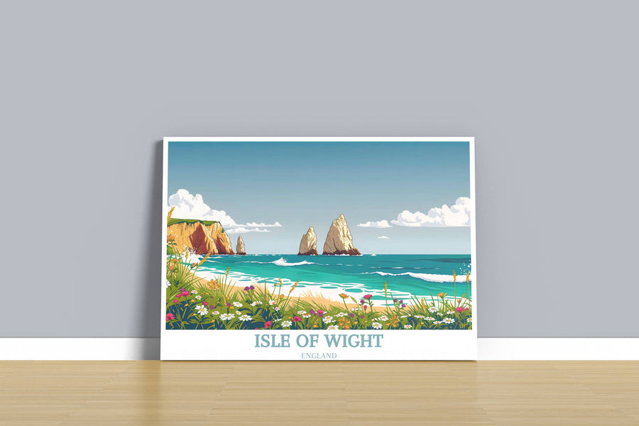 Minimalist Isle of Wight wall art focusing on The Needles Lighthouse, using soft watercolor shades to depict the light reflecting off the water at sunset.