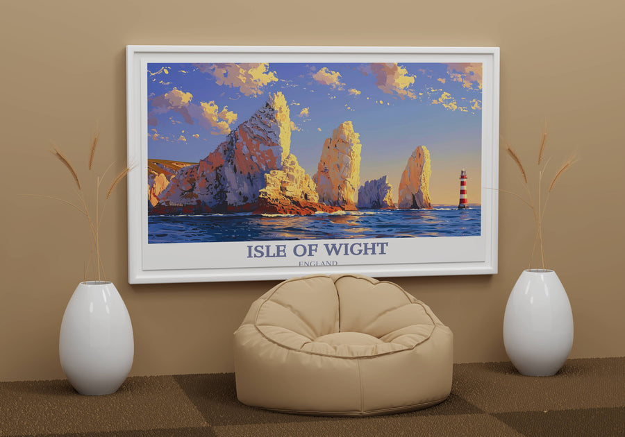 Elegant watercolor of a quiet Isle of Wight village, with detailed cottages and blooming gardens, offering a picturesque view perfect for a quaint home setting.