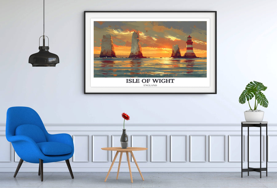 Elegant aerial view print of Isle of Wight, capturing the intricate coastline and lush landscapes, ideal for those who appreciate detailed geographic art.