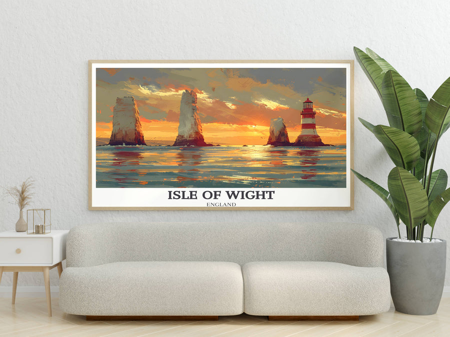 Bold graphic travel poster of Isle of Wight, featuring iconic landmarks in a vibrant, modern style, ideal for a contemporary home office or den.