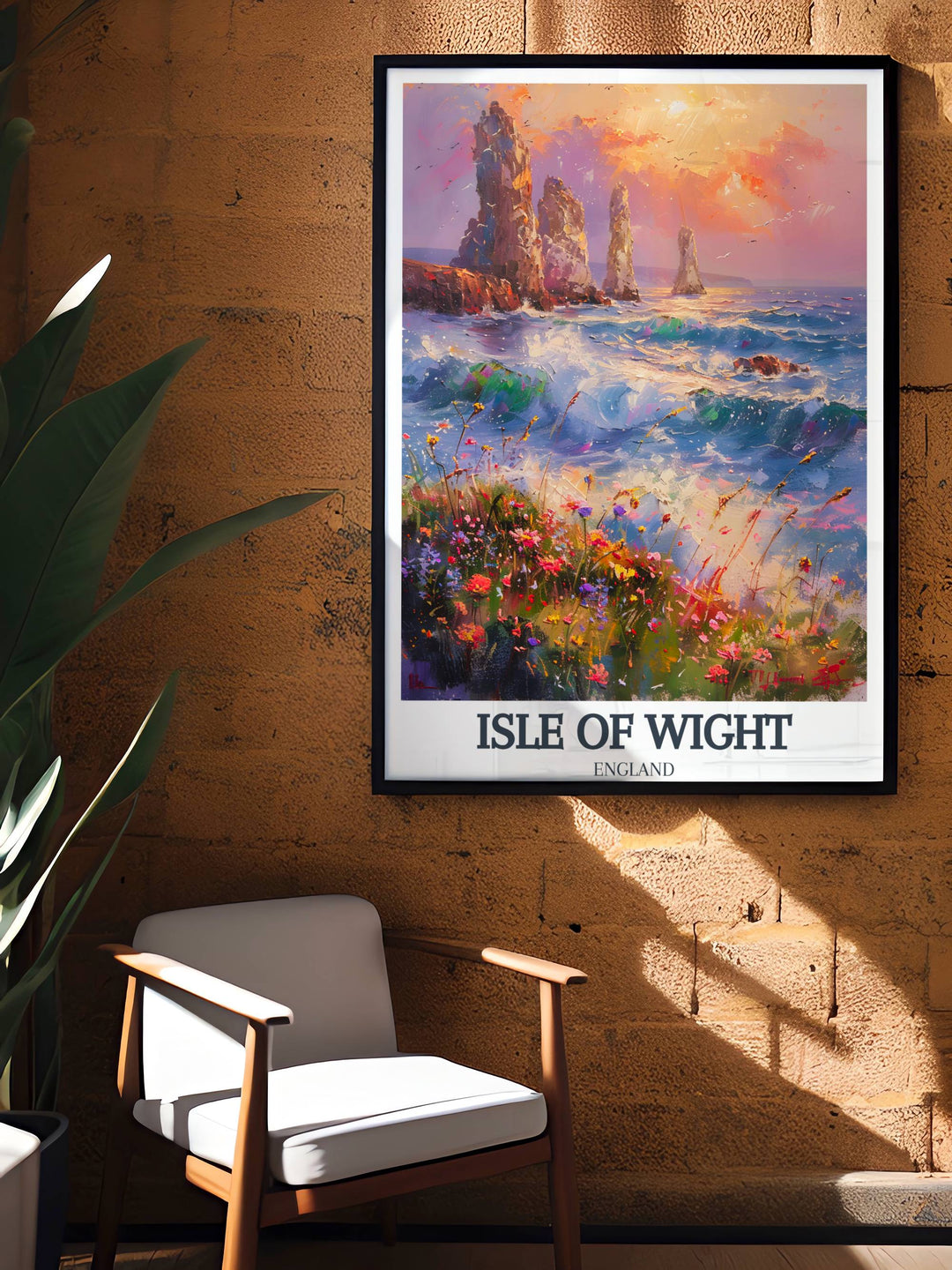 Artistic collage including The Needles Lighthouse during Isle of Wight's cultural events like music festivals and regattas, captured in a lively, expressive style, perfect for a living room or entertainment area.