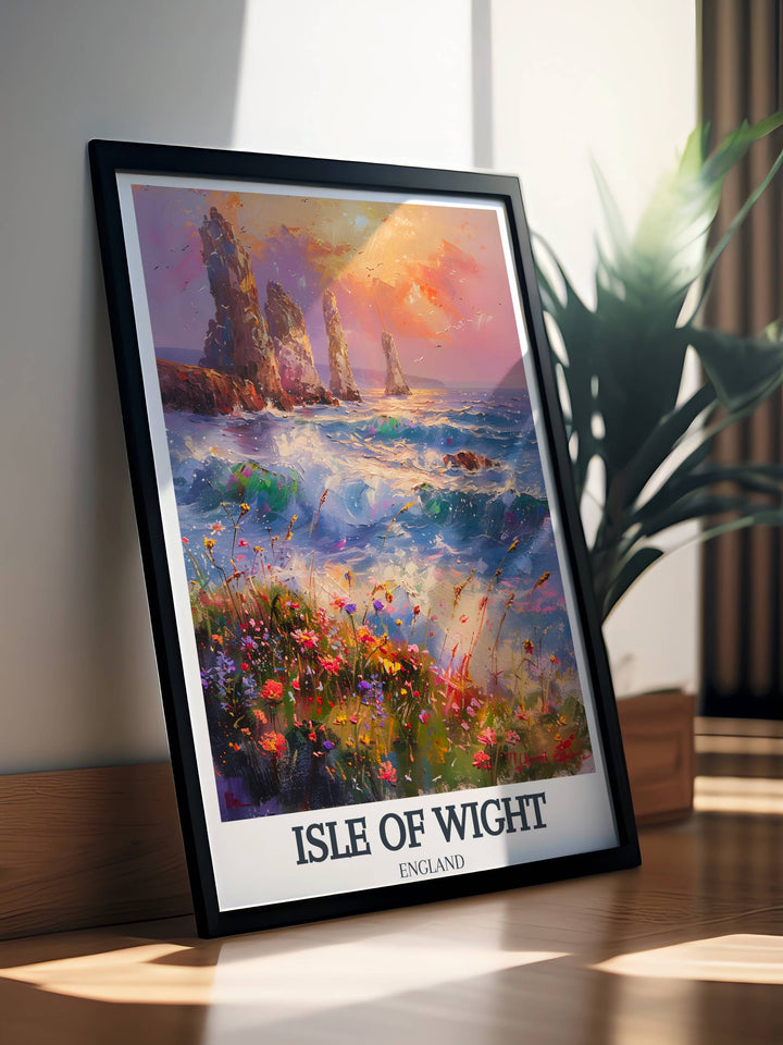 Vintage-inspired travel poster of Isle of Wight featuring The Needles Lighthouse with art deco elements, showcasing the lighthouse in chic, muted tones, ideal for a hallway or guest room.