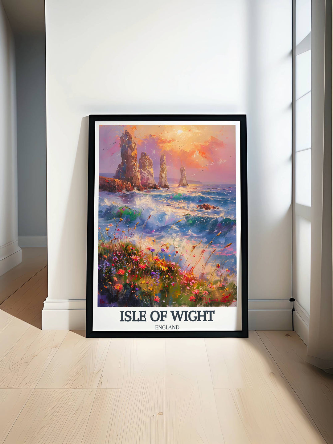 Artistic rendering of a bustling Isle of Wight market scene, captured in vibrant colors, showcasing local crafts and lively interactions, perfect for a dining room or kitchen.