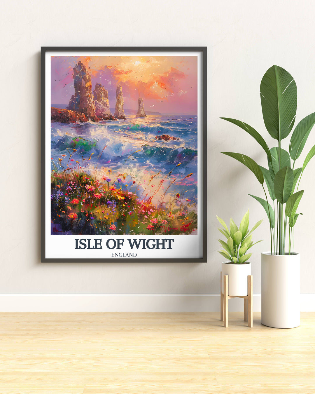 Artistic rendering showing The Needles Lighthouse during a bustling Isle of Wight market scene, using vibrant colors to highlight the historic structure amid local crafts and lively interactions, ideal for a dining room.