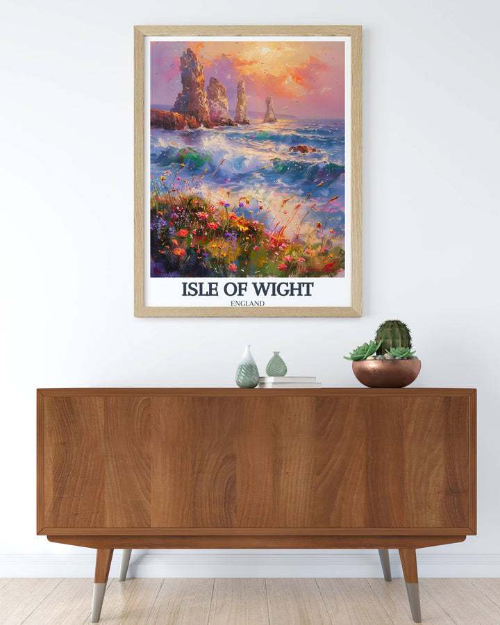 Detailed illustration of The Needles Lighthouse viewed from a quaint Isle of Wight cottage, surrounded by lush gardens and traditional stone walls, conveying peace and tranquility, suitable for a cozy living area.