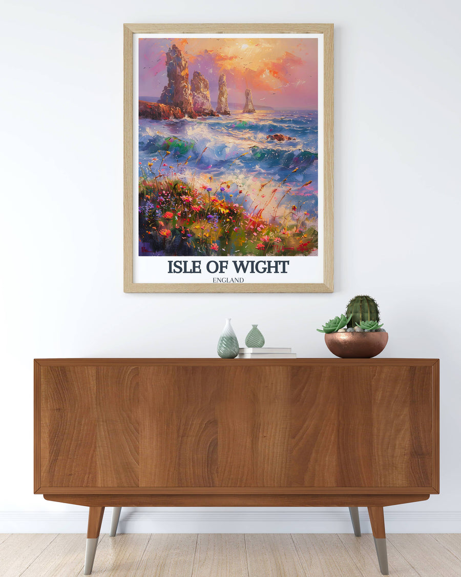 Detailed illustration of The Needles Lighthouse viewed from a quaint Isle of Wight cottage, surrounded by lush gardens and traditional stone walls, conveying peace and tranquility, suitable for a cozy living area.