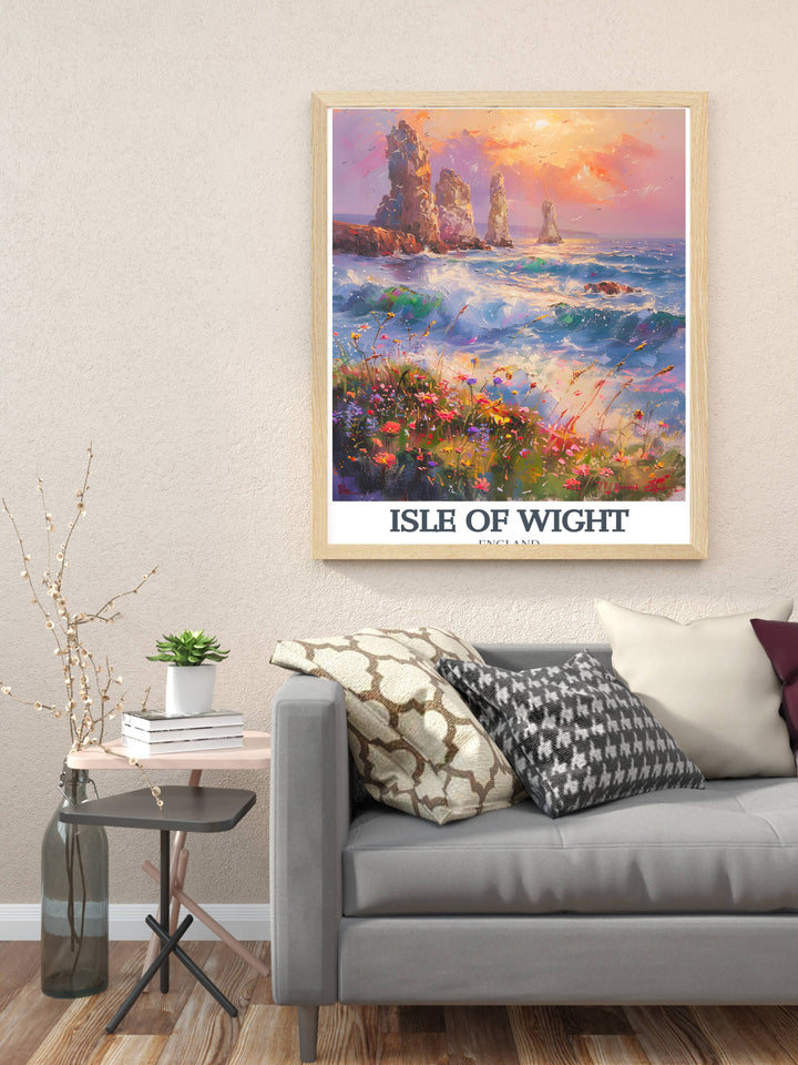 Dynamic abstract interpretation of the area around The Needles Lighthouse, using bold strokes and a cool color palette to evoke the movement of the sea near the iconic lighthouse, great for modern decor.