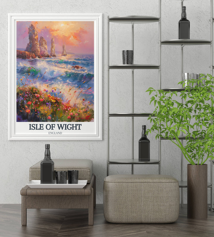 Dynamic abstract interpretation of the area around The Needles Lighthouse, using bold strokes and a cool color palette to evoke the movement of the sea near the iconic lighthouse, great for modern decor.