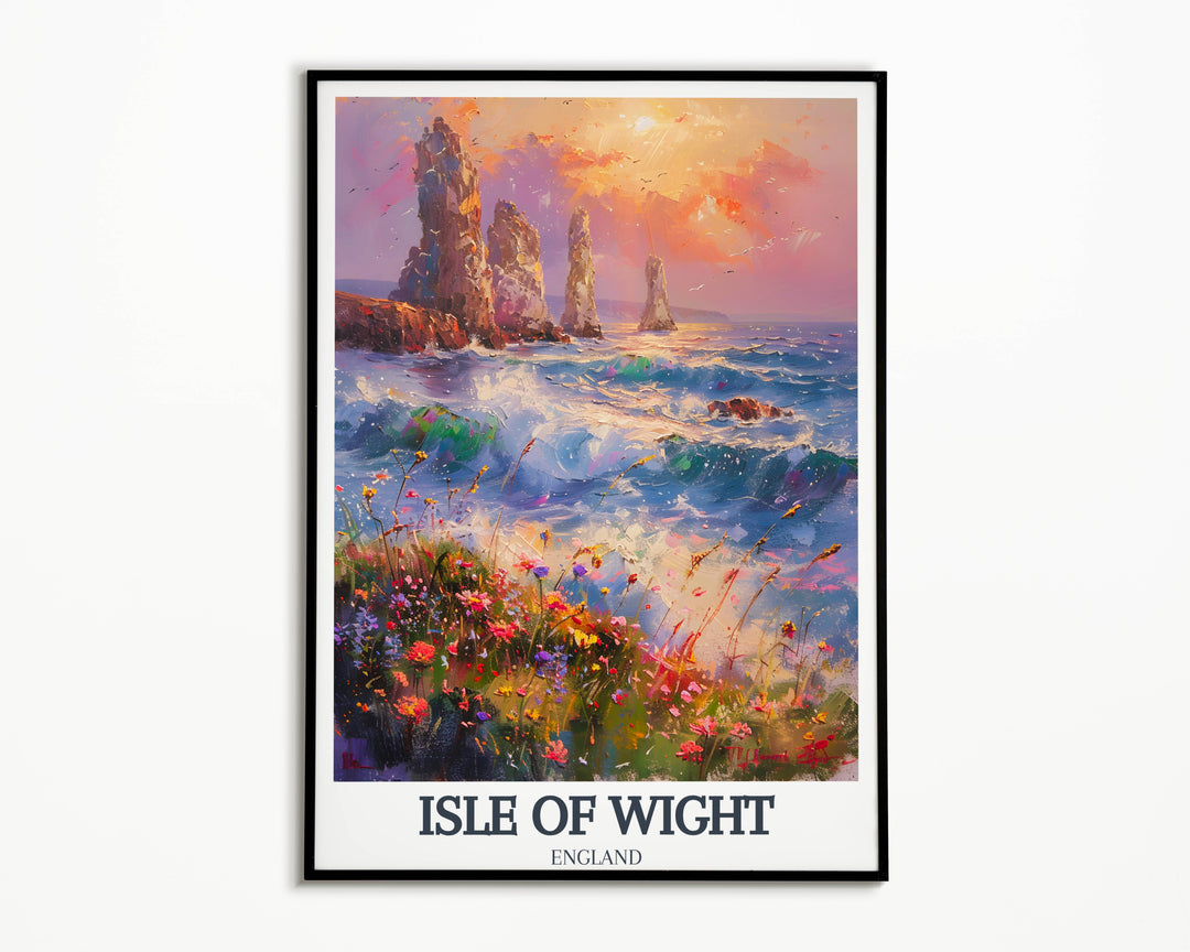 Elegant print capturing The Needles Lighthouse with Isle of Wights rolling hills and lavender fields at sunrise in the background, offering a tranquil view suitable for any bedroom or meditation space