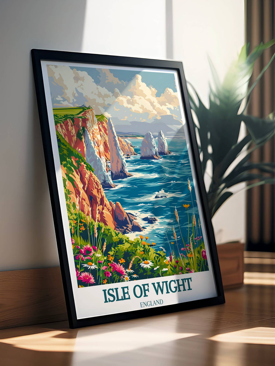 Aerial view of The Needles Lighthouse, highlighting its isolation and the surrounding rugged terrain, perfect for a unique perspective in an office or library.