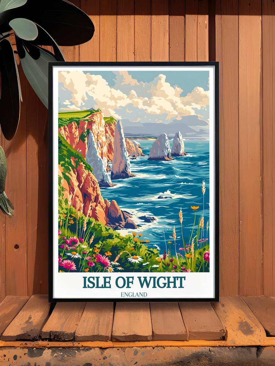 Vibrant watercolor painting of The Needles Lighthouse during a storm, capturing the dramatic interaction between crashing waves and the steadfast lighthouse, great for a dramatic focal point in any room.