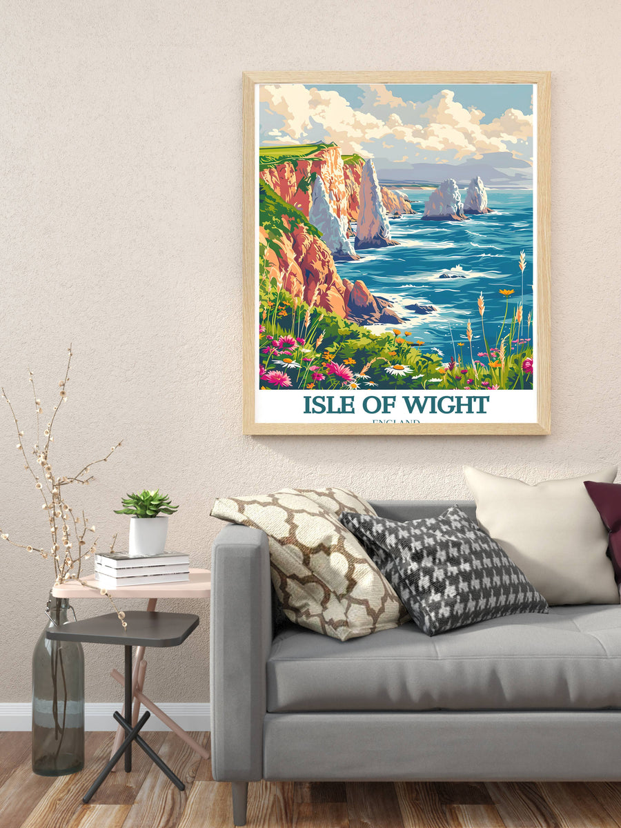 Natural wood framed lighthouse coastline print with “Isle of Wight” text