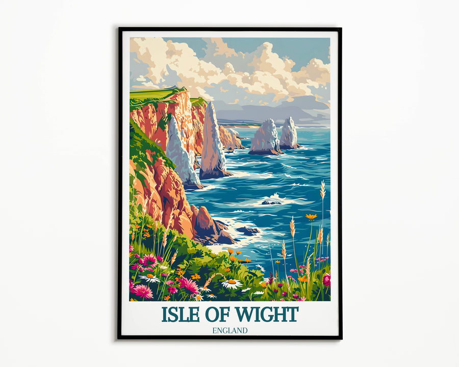 A festive depiction of The Needles Lighthouse during a local celebration, with fireworks illuminating the sky, adding a celebratory mood to any festive decor.