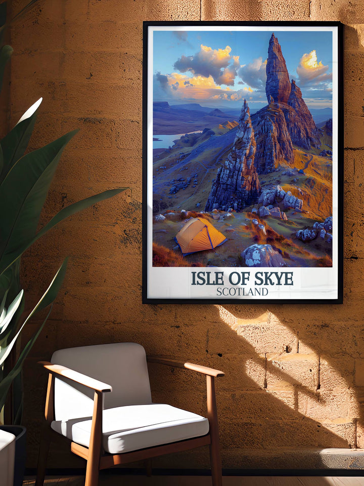 Travel Poster of the majestic Isle of Skye, capturing its wild landscapes and cultural richness, ideal for adventurers and dreamers alike.