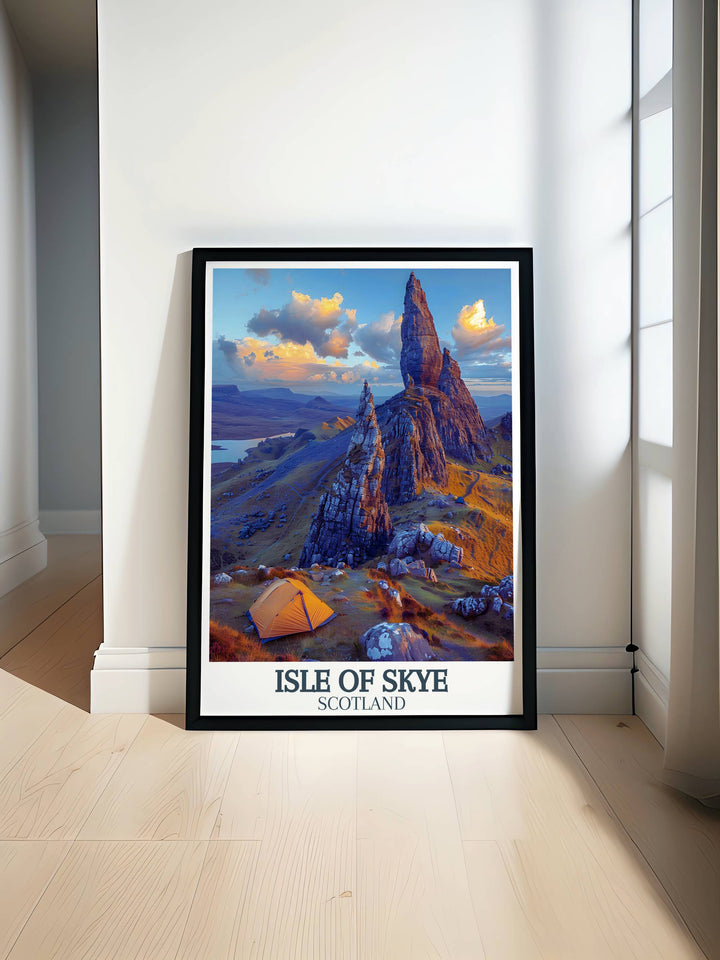Breathtaking Old Man of Storr travel print showcasing the rugged beauty of Scotland's Isle of Skye, perfect for adding a touch of adventure to any room.
