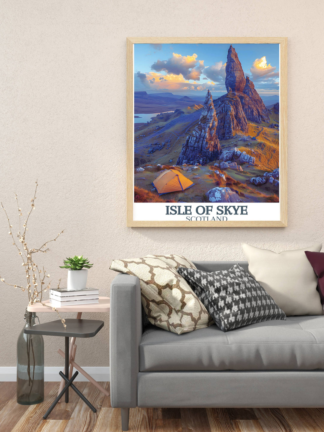 Gallery art featuring a panoramic view of The Old Man of Storr ideal for transforming any room with a majestic Scottish scene