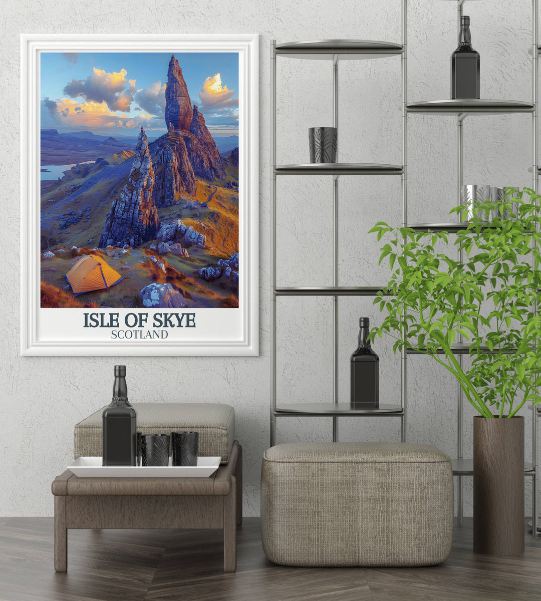 Artistic representation of The Old Man of Storr in a custom print emphasizing the unique geology of Skye