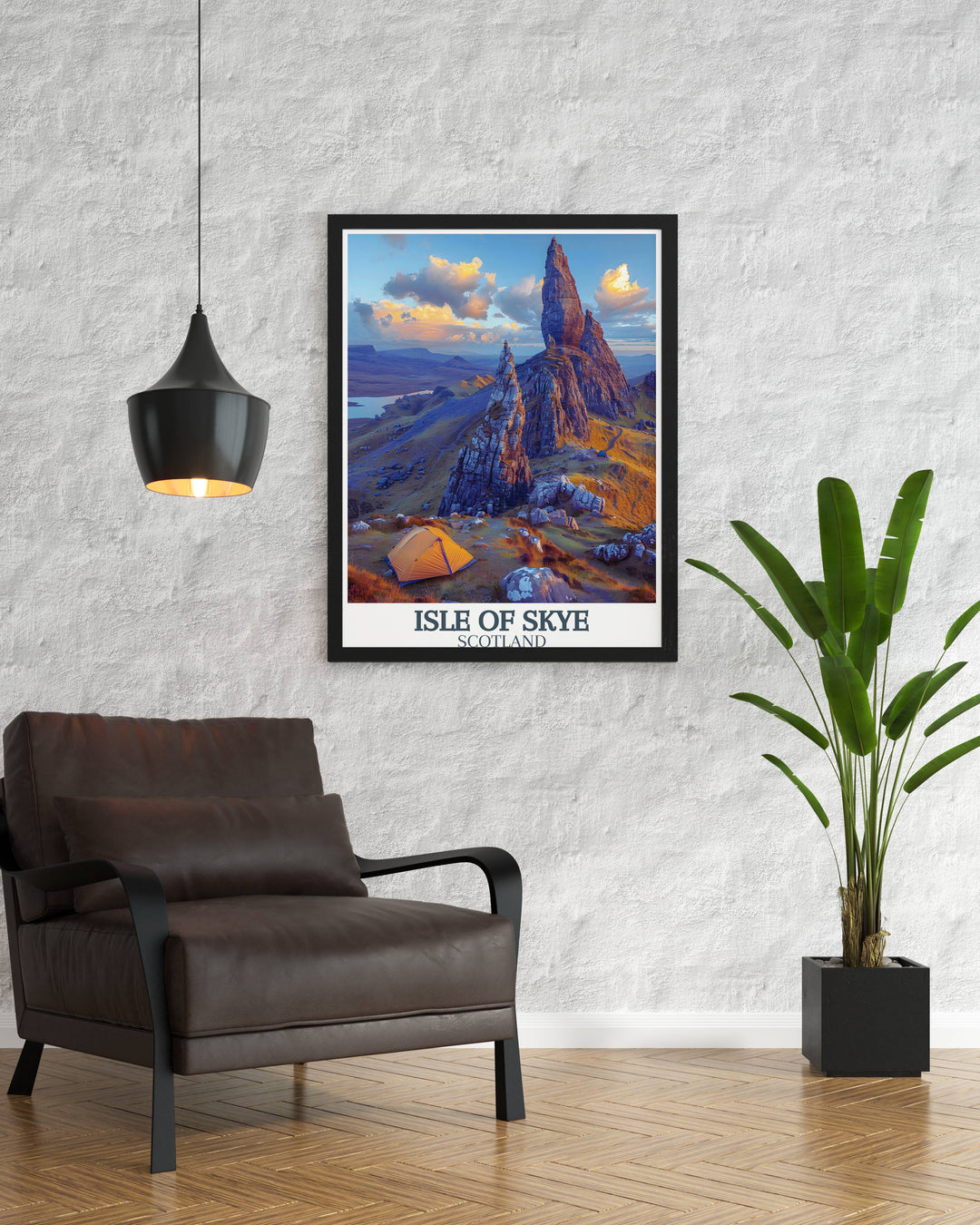 Travel poster of The Old Man of Storr offering a scenic Highland vista for travel enthusiasts