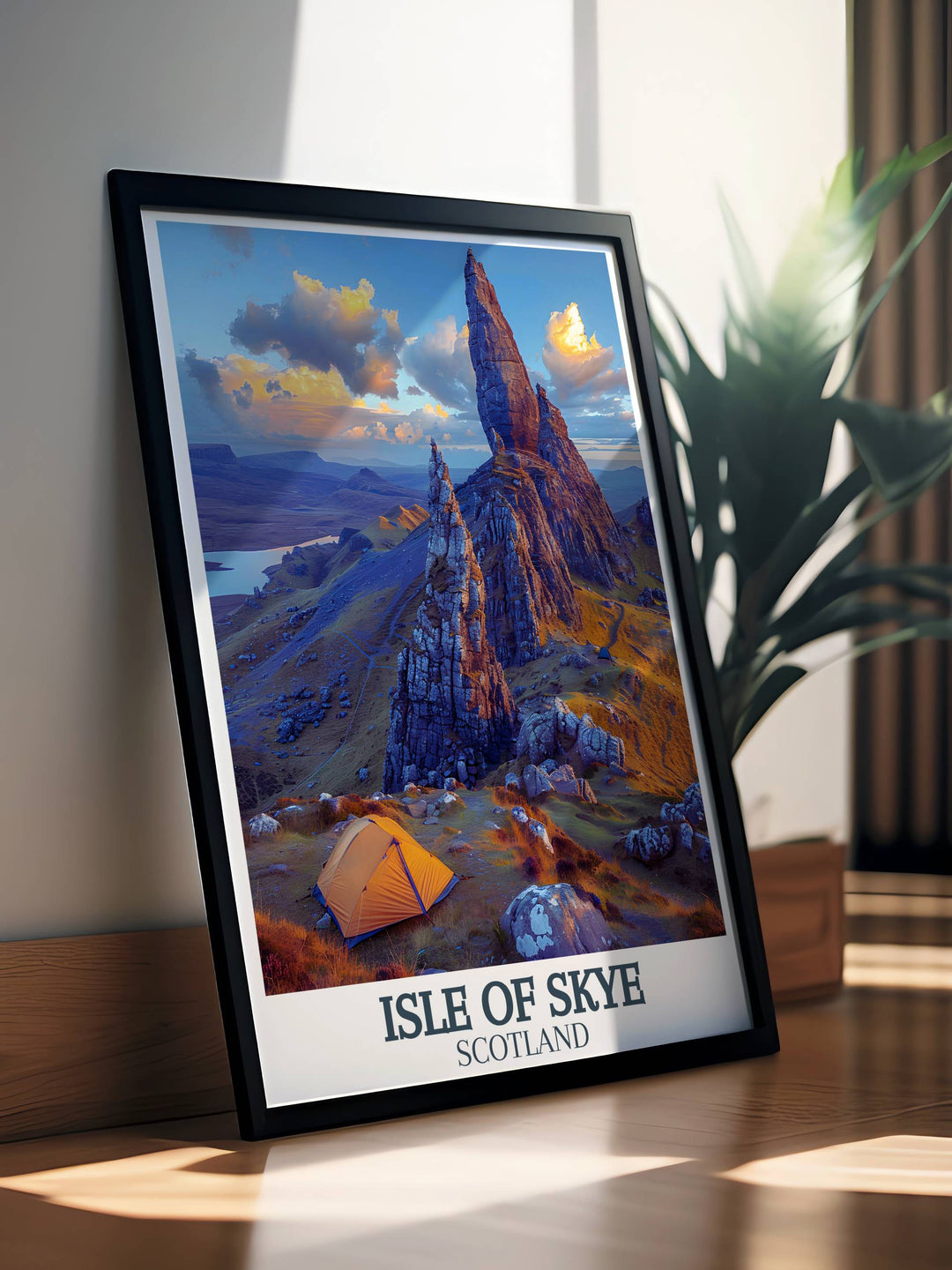 The Old Man of Storr in a detailed art print highlighting the rugged terrain and greenery of the Isle of Skye