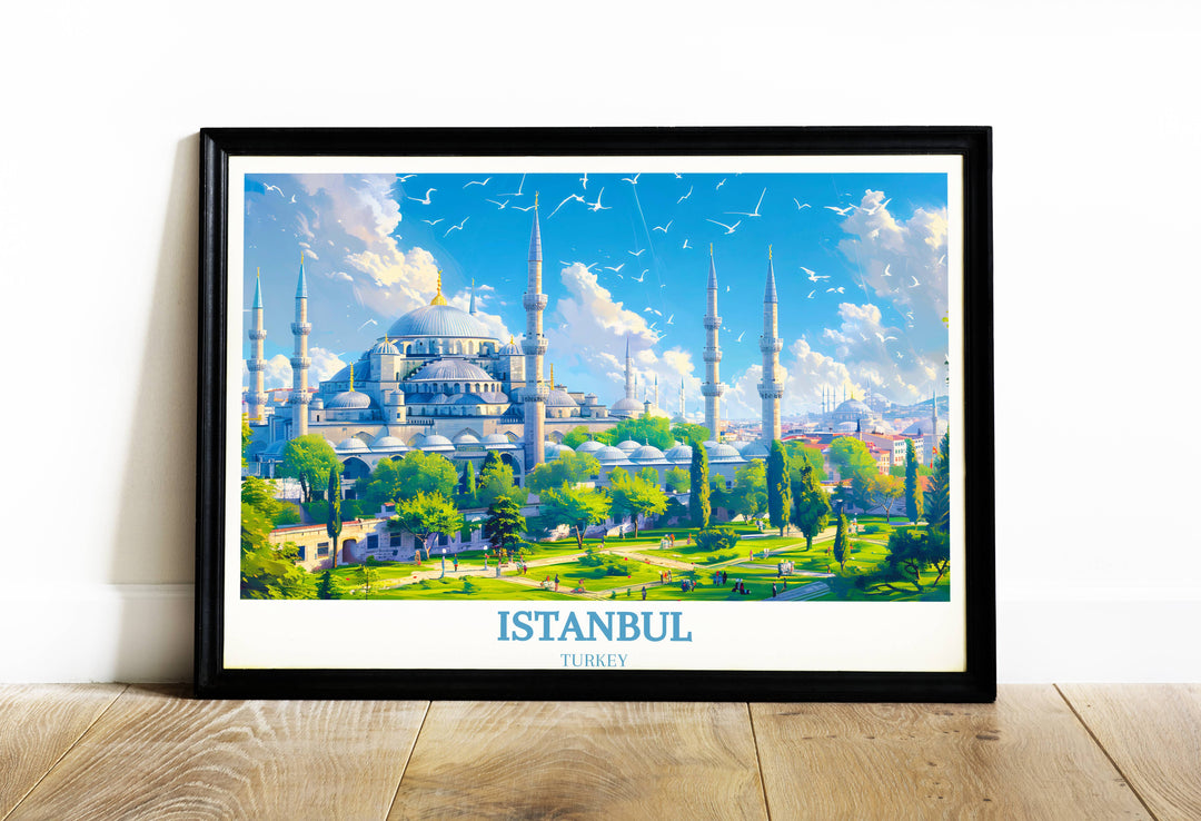 Vibrant Istanbul art print capturing the stunning architecture of the Blue Mosque, perfect for adding a touch of Turkish culture to any room.