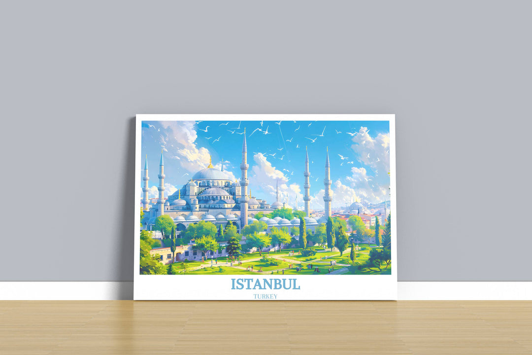 Artistic Istanbul travel poster showcasing the bustling streets and historic sites of the city, great for inspiring future travels.