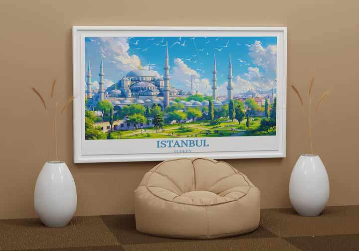 Istanbul wall art displaying the iconic silhouette of the Blue Mosque at sunset, adding drama and beauty to any wall.