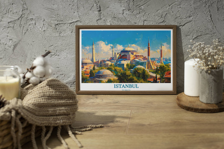 Turkish painting of Istanbuls Bosphorus skyline, blending traditional and modern elements in a vivid display.