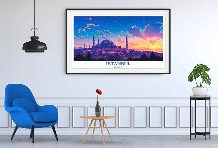 Istanbul artwork featuring Hagia Sophias majestic silhouette against the city skyline, adding depth to any decor.