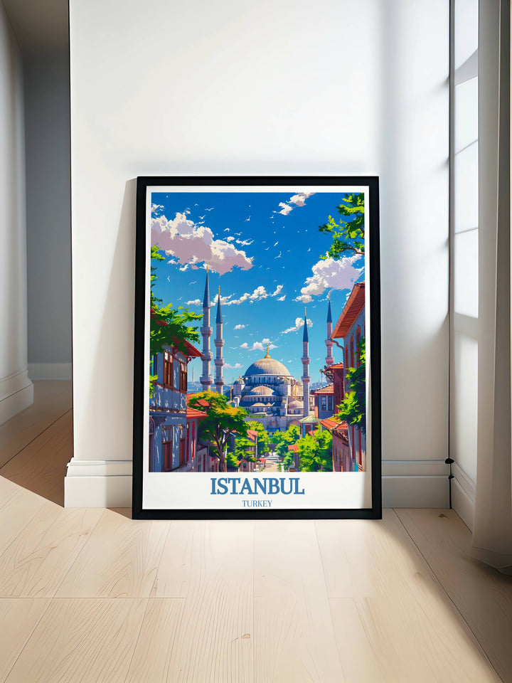 Detailed Istanbul art print showcasing the Blue Mosque, highlighting its stunning architecture and cultural significance.