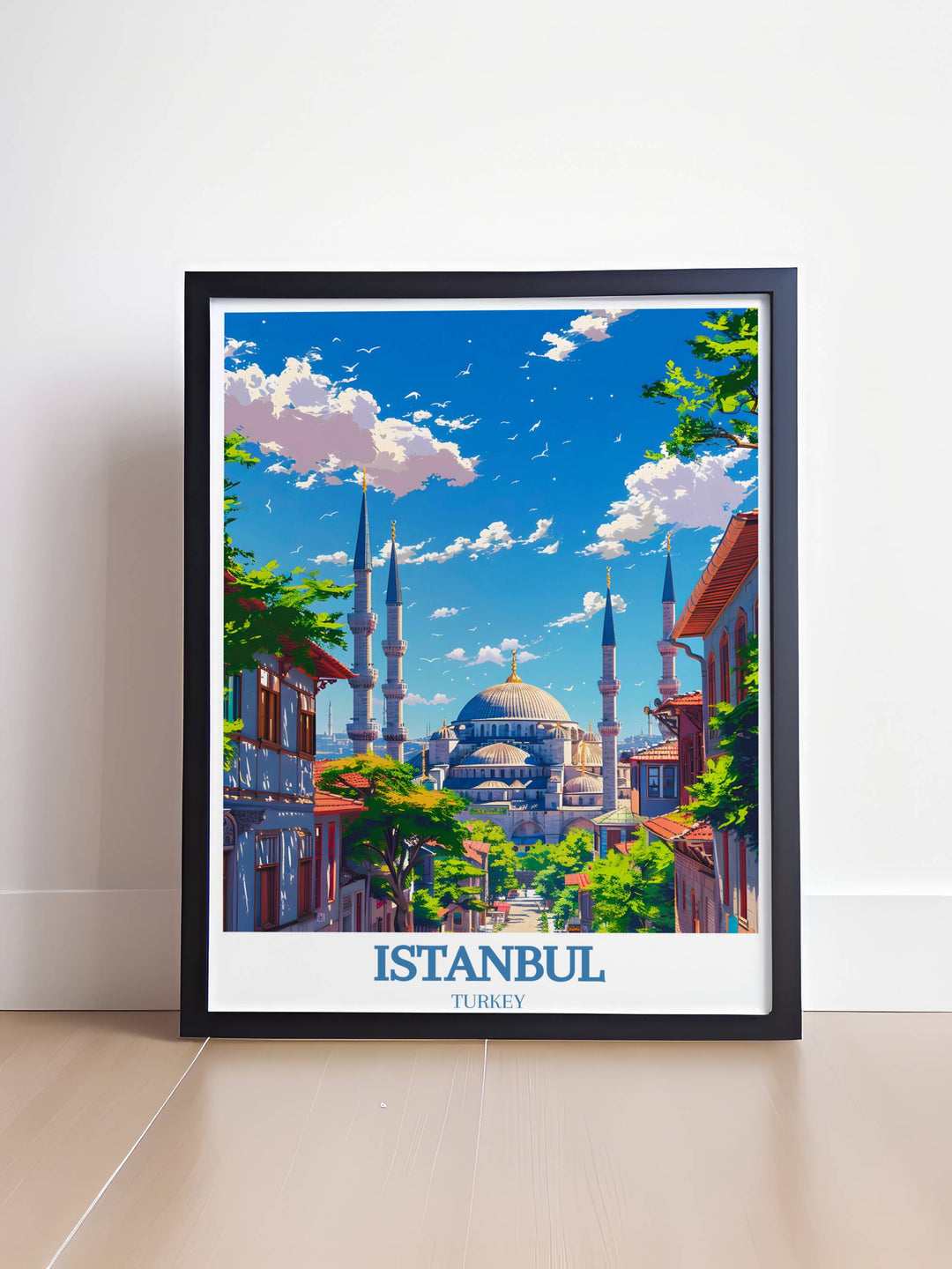 A panoramic Istanbul photo featuring the Blue Mosque under a vibrant sunset, perfect for bringing Turkish landscapes into your home.