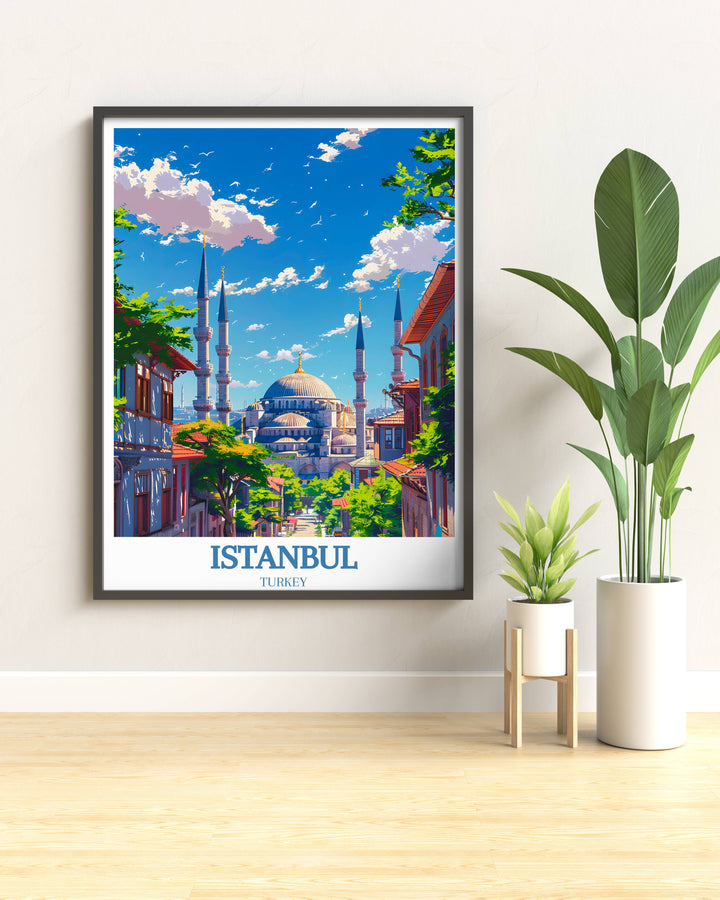 Istanbul travel poster with a classic view of the Blue Mosque, ideal for those who appreciate historic sites and architecture.
